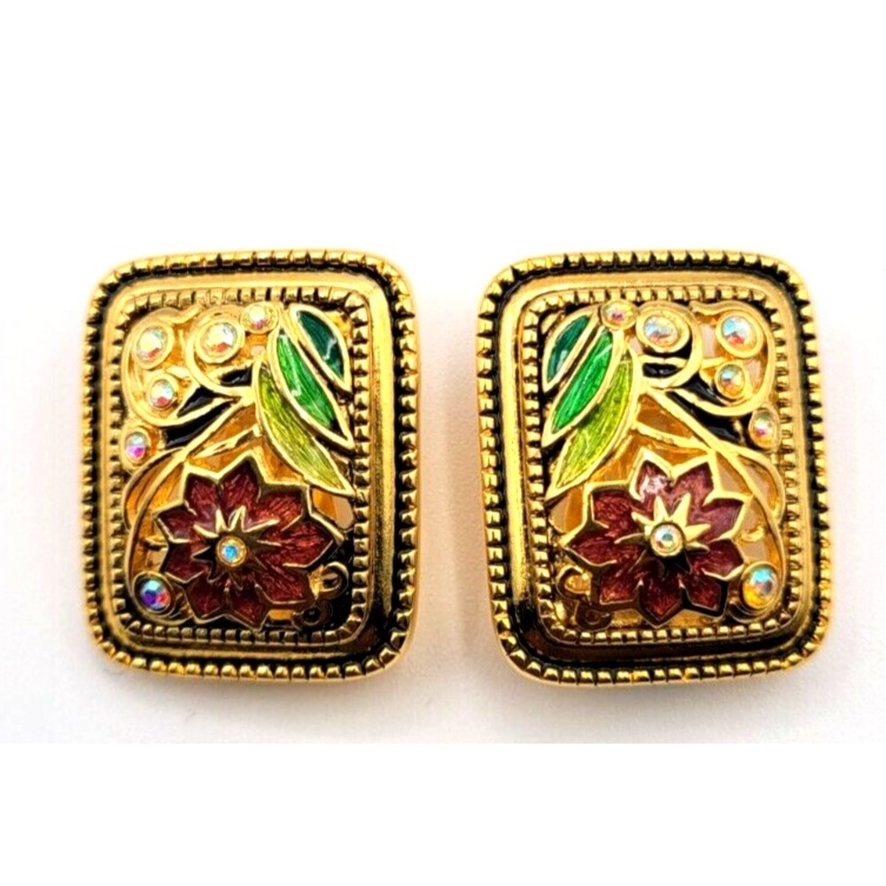JOAN RIVERS CLOISONNE AURORA BOREALIS CLIP ON EARRINGS RHINESTONE FLOWER‎ SIGNED